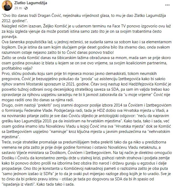 Objava Lagumdžije na Facebooku - Avaz