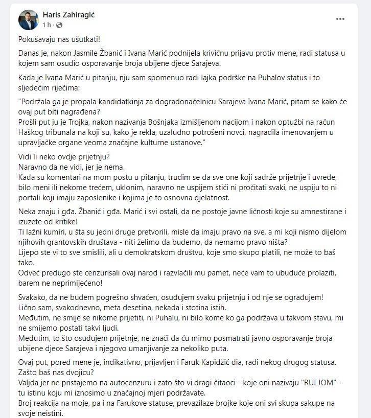 Prvi dio Facebook statusa Harisa Zahiragića - Avaz