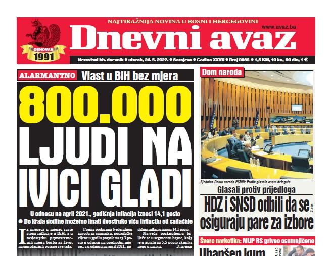 Danas u "Dnevnom avazu" čitajte: 800.000 ljudi na ivici gladi