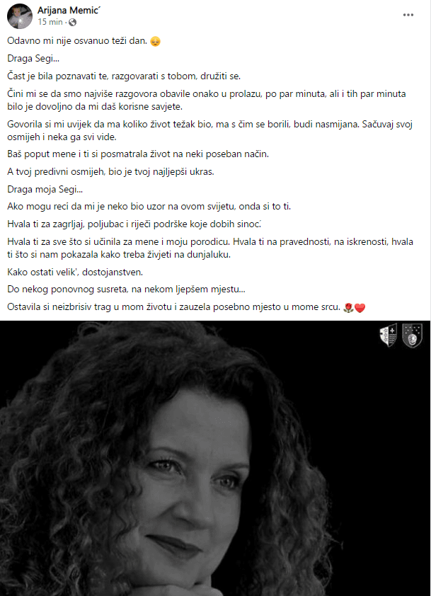 Objava Arijane Memić na Facebooku - Avaz