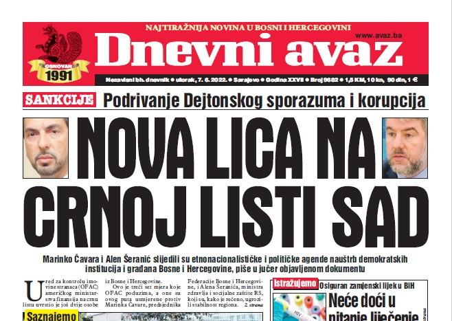 Danas u "Dnevnom avazu" čitajte: Nova lica na crnoj listi SAD