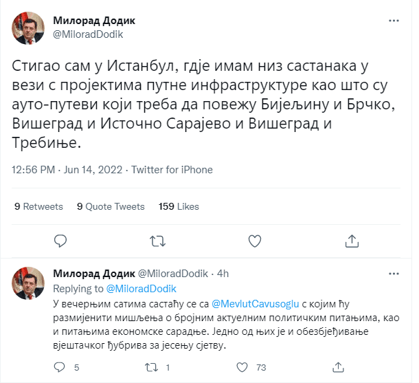 Tweet Milorada Dodika - Avaz