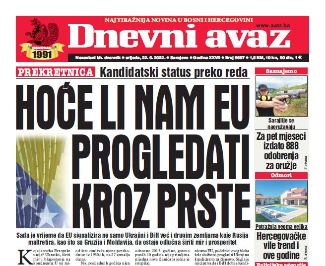 Danas u "Dnevnom avazu" čitajte: Hoće li nam EU progledati kroz prste