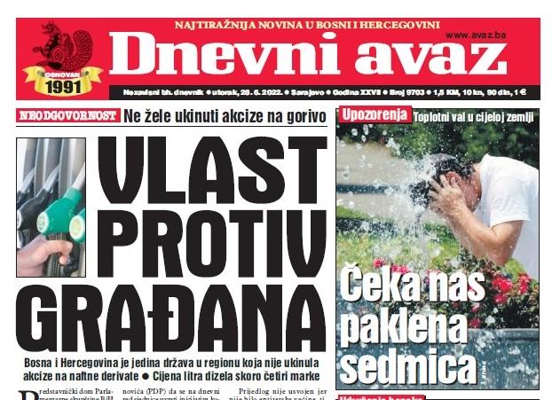 Danas u "Dnevnom avazu" čitajte: Vlast protiv građana