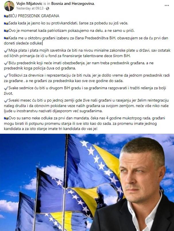 Objava Vojina Mijatovića na Facebooku - Avaz