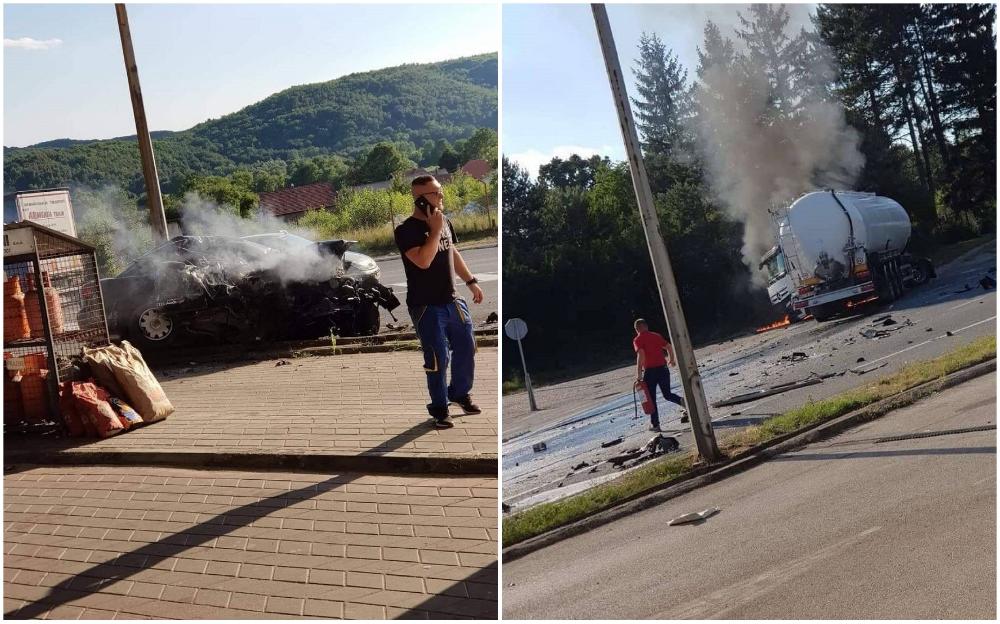 Težak sudar kod Lukavca: Cisterna u vatri, jedna osoba povrijeđena