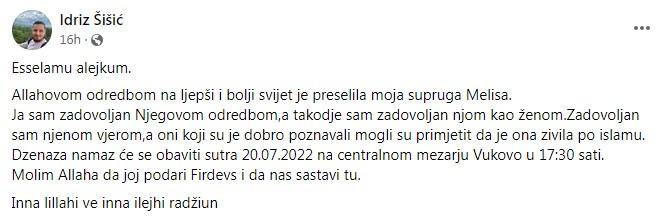 Objava Idriza Šišića na Facebooku - Avaz