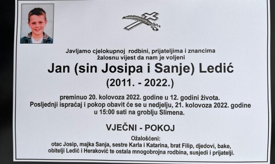 Poznato vrijeme sahrane dječaka Jana Ledića