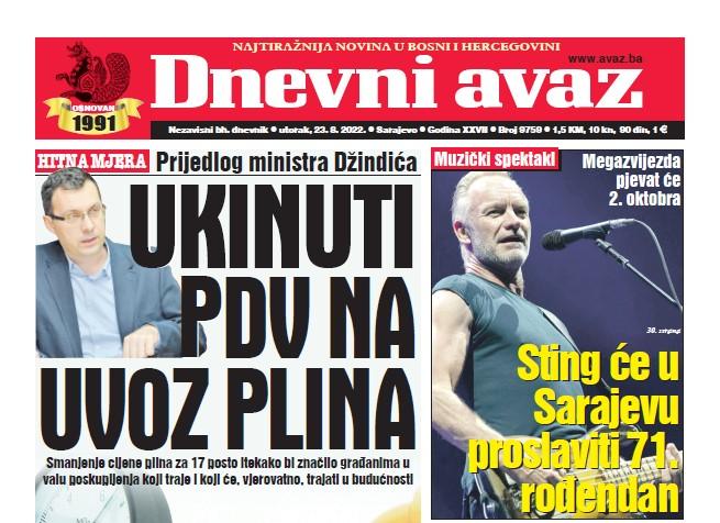 Danas u "Dnevnom avazu" čitajte: Ukinuti PDV na uvoz plina