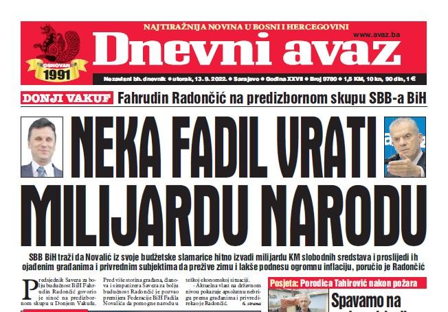 Današnji "Dnevni avaz": Neka Fadil vrati milijardu KM