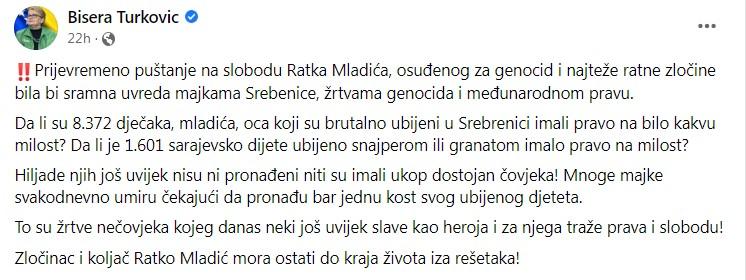 Objava Turković na Facebooku - Avaz