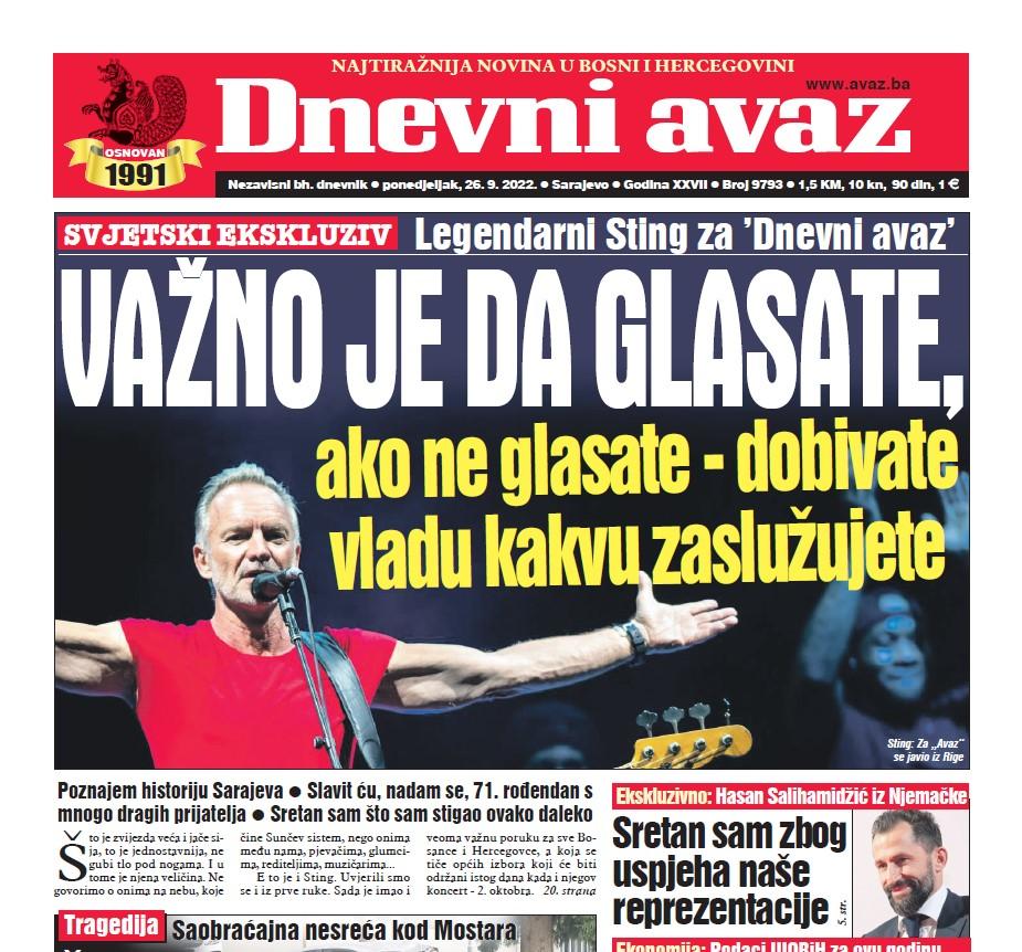 U današnjem broju "Dnevnog avaza" čitajte: VAŽNO JE DA GLASATE jer, ako ne glasate – dobivate vladu kakvu zaslužujete