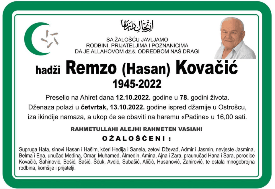 Osmrtnica za dženazu hadži Remzi - Avaz