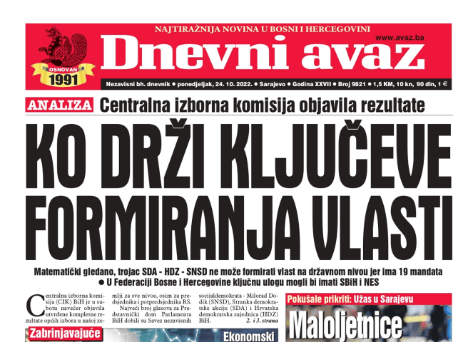 Danas u "Dnevnom avazu" čitajte: Ko drži ključeve formiranja vlasti