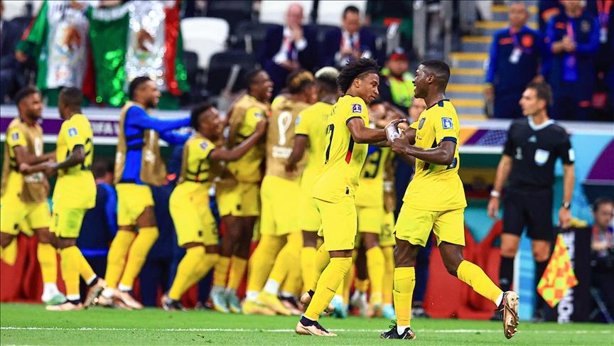 Players of Ecuador celebrate after a goal during FIFA World Cup Qatar 2022 Group A match between Qatar and Ecuador at Al Bayt Stadium in Al Khor City, Qatar on November 20, 2022. - Avaz