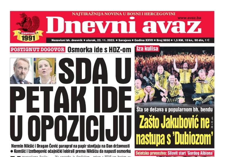 Danas u "Dnevnom avazu" čitajte: SDA u petak ide u opoziciju