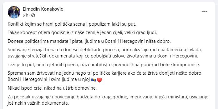 Facebook status Elmedina Konakovića - Avaz