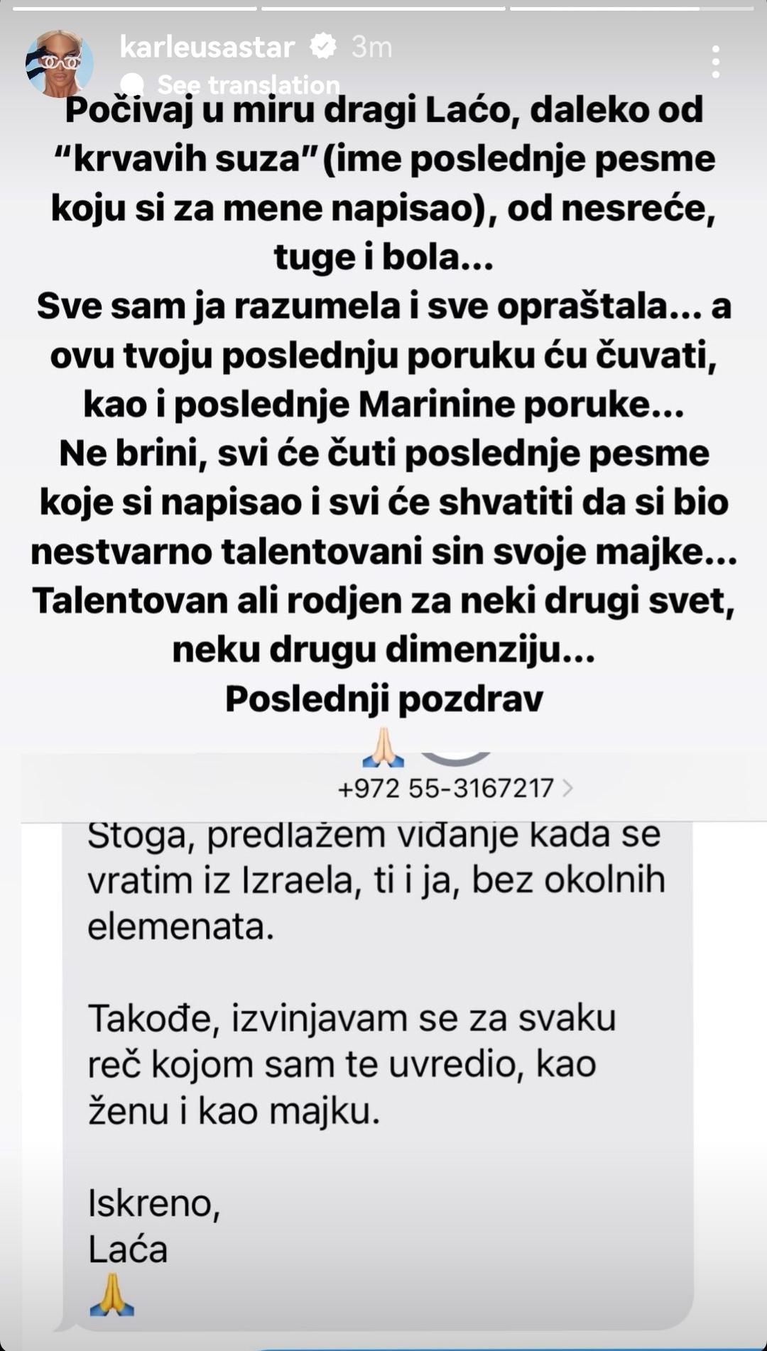 Objava Karleuše na Instagramu - Avaz