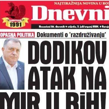 U današnjem "Dnevnom avazu" čitajte: Dodikov atak na mir u BiH!