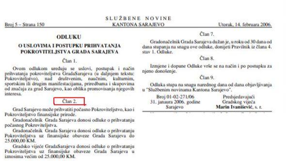 Službene novine: Odluku o pokroviteljstvima iznad 25.000 KM donosi Gradsko vijeće - Avaz