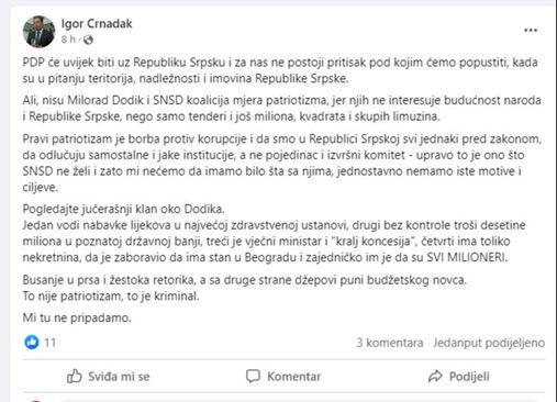 Facebook status Igora Crnadka - Avaz