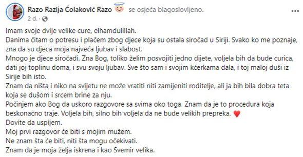 Objava Razije na Facebooku  - Avaz