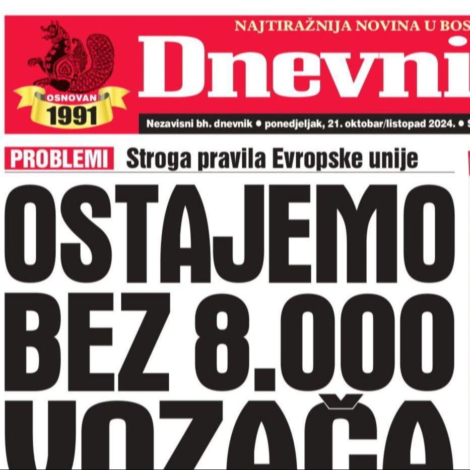 U današnjem "Dnevnom avazu" čitajte: Ostajemo bez 8.000 vozača