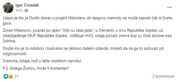 Facebook status Igora Crnadka - Avaz