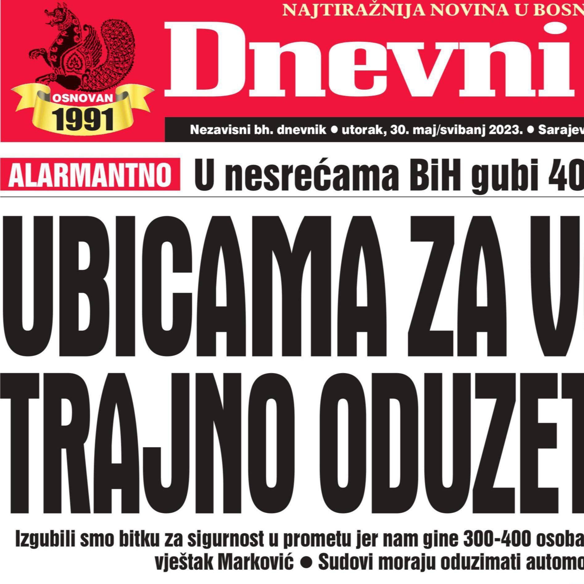 Danas u "Dnevnom avazu" čitajte: Ubicama za volanom trajno oduzeti vozila!