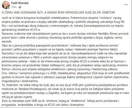 Objava Mandala na Facebooku - Avaz