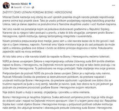 Facebook status Nermina Nikšića - Avaz