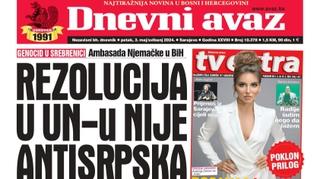 U današnjem "Dnevnom avazu" čitajte: Rezolucija u UN-u nije antisrpska