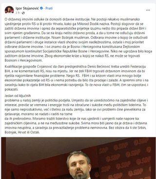 Facebook status Igora Stojanovića - Avaz