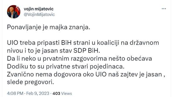 Tvit Vojina Mijatovića - Avaz