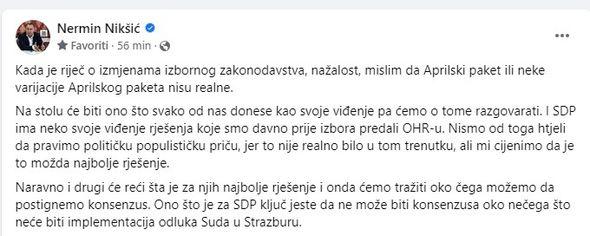 Facebook status Nermina Nikšića - Avaz