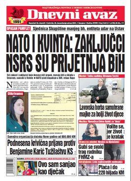 Naslovnica današnjeg "Dnevnog avaza" - Avaz