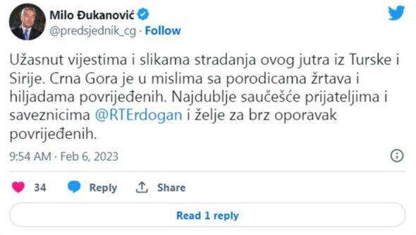 Objava Đukanovića na Twitteru - Avaz