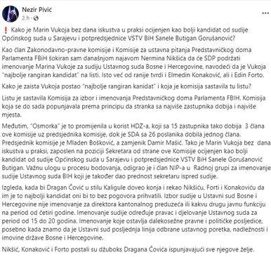 Facebook status Nezira Pivića - Avaz