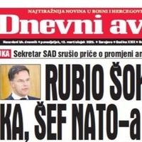 U današnjem "Dnevnom avazu" čitajte kako je Rubio šokirao Dodika i o dolasku šefa NATO-a u BiH