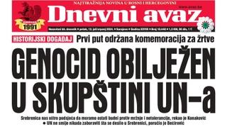 U današnjem "Dnevnom avazu" čitajte: Genocid obilježen u Skupštini UN-a