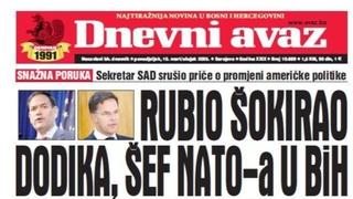 U današnjem "Dnevnom avazu" čitajte kako je Rubio šokirao Dodika i o dolasku šefa NATO-a u BiH